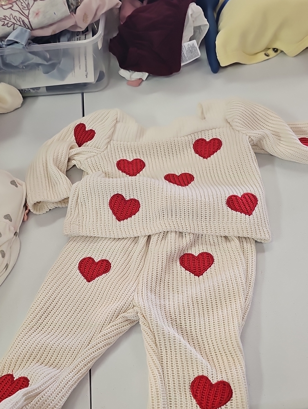 Cream Knit Kids Two-Piece Set with Red Heart Accents